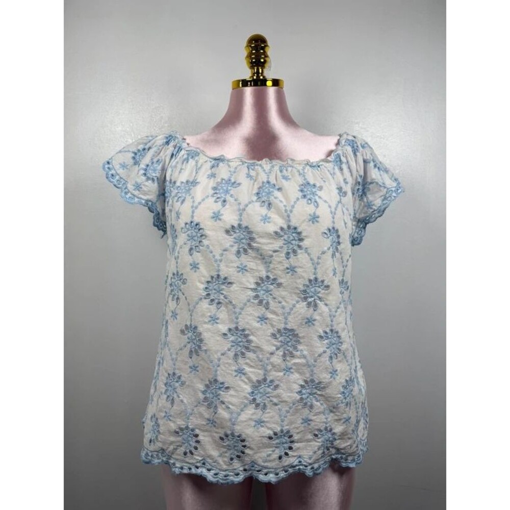 Adiva White Blue Embroidered Eyelet Peasant Blouse Size L